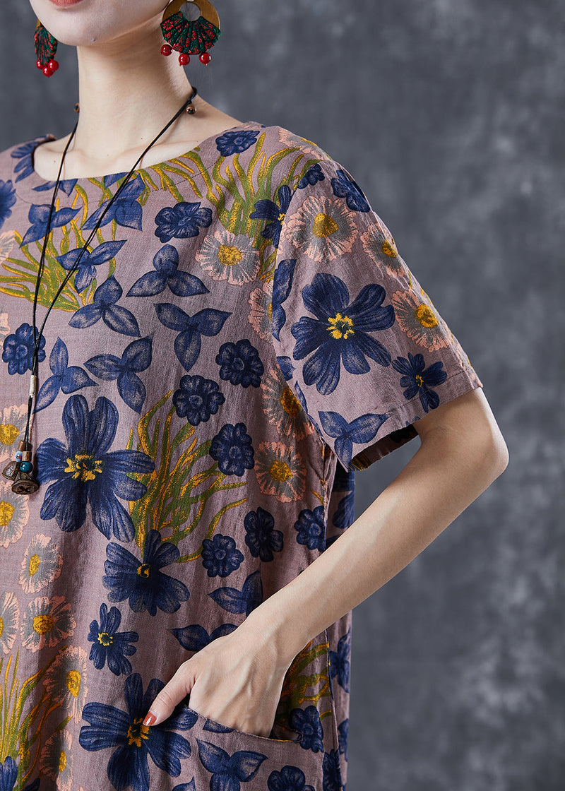 Coffee O-neck Print Linen Long Dress Summer
