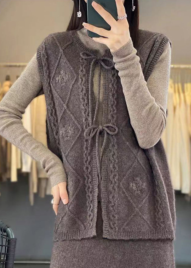 Coffee O Neck Lace Up Woolen Knit Waistcoat Sleeveless