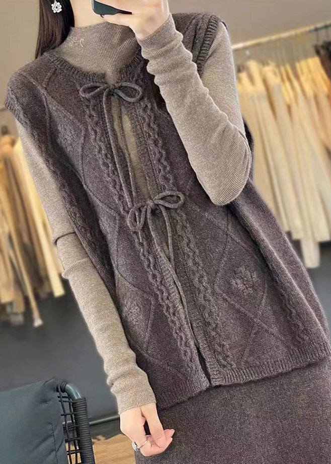 Coffee O Neck Lace Up Woolen Knit Waistcoat Sleeveless