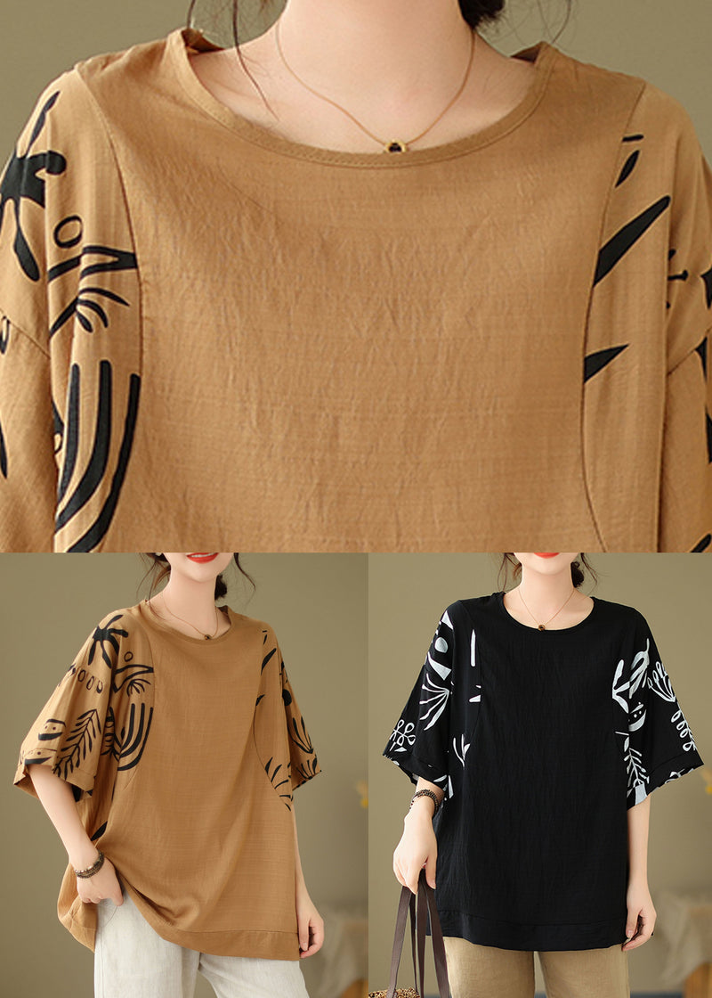 Coffee O-neck Print Cozy Top Summer