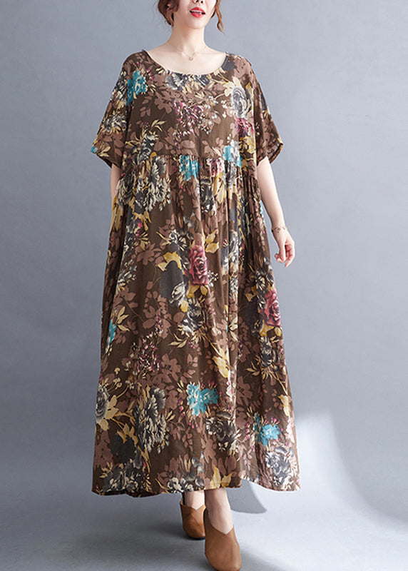 Coffee O-neck Print Maxi Dress Short Sleeve