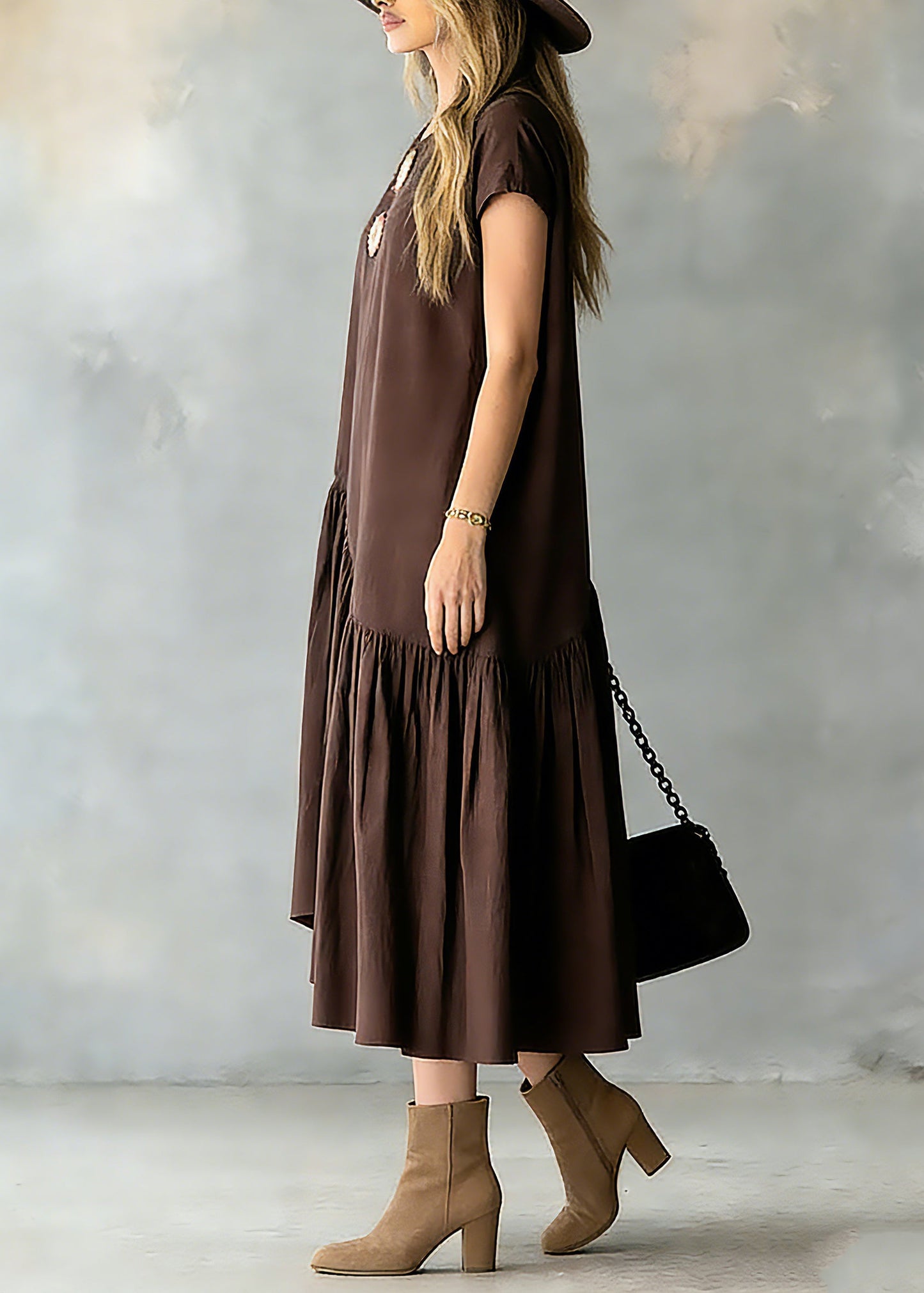 Coffee O-neck Wrinkled Patchwork Long Dresses Short Sleeve