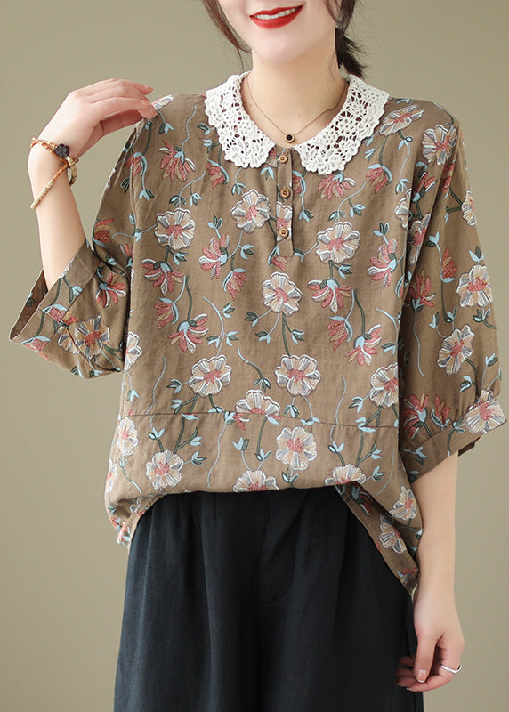 Coffee Peter Pan Collar Print Cotton Shirt Summer