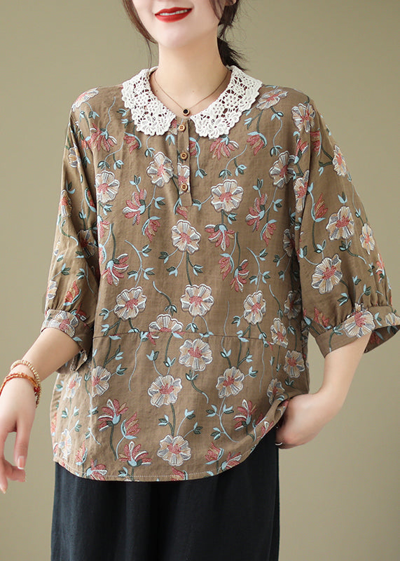 Coffee Peter Pan Collar Print Cotton Shirt Summer