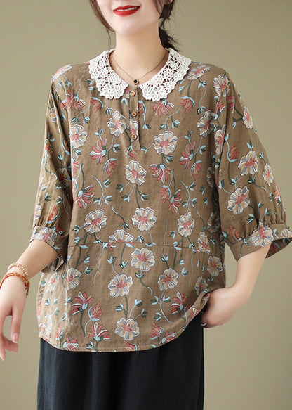 Coffee Peter Pan Collar Print Cotton Shirt Summer