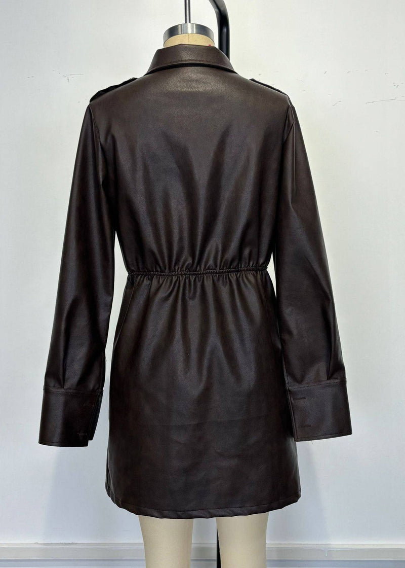 Coffee Peter Pan Collar Zippered Patchwork Faux Leather Mid Dress Spring
