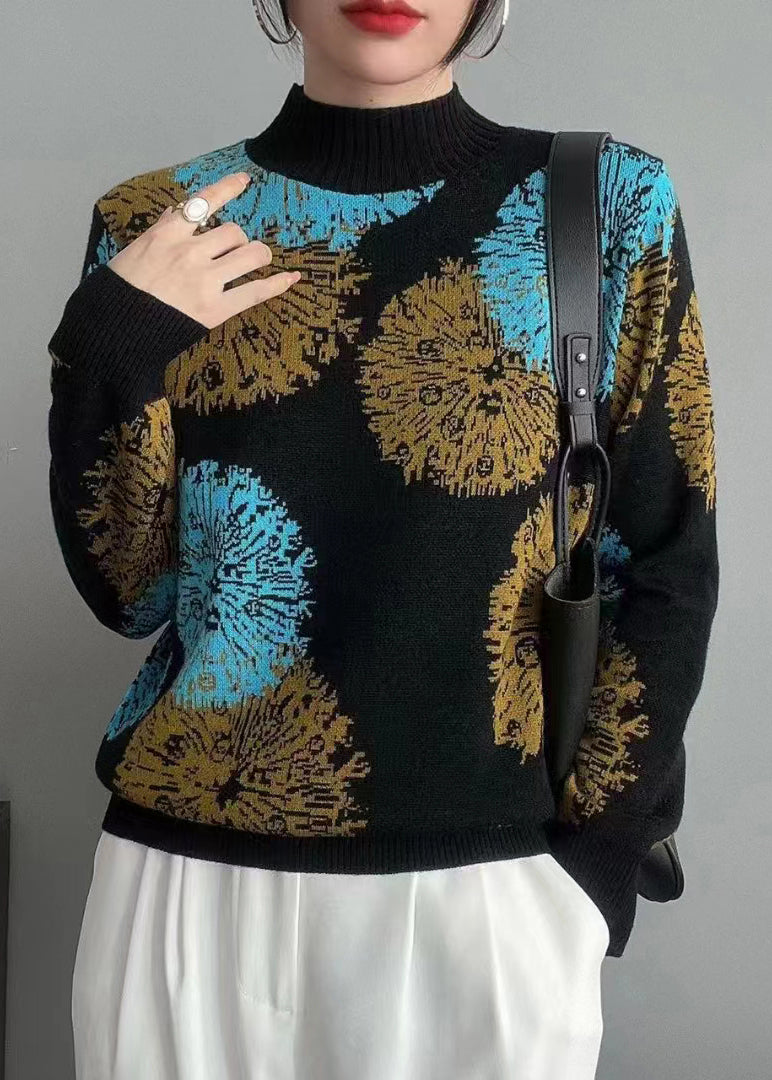 Coffee Print Patchwork Cozy Knit Top Long Sleeve