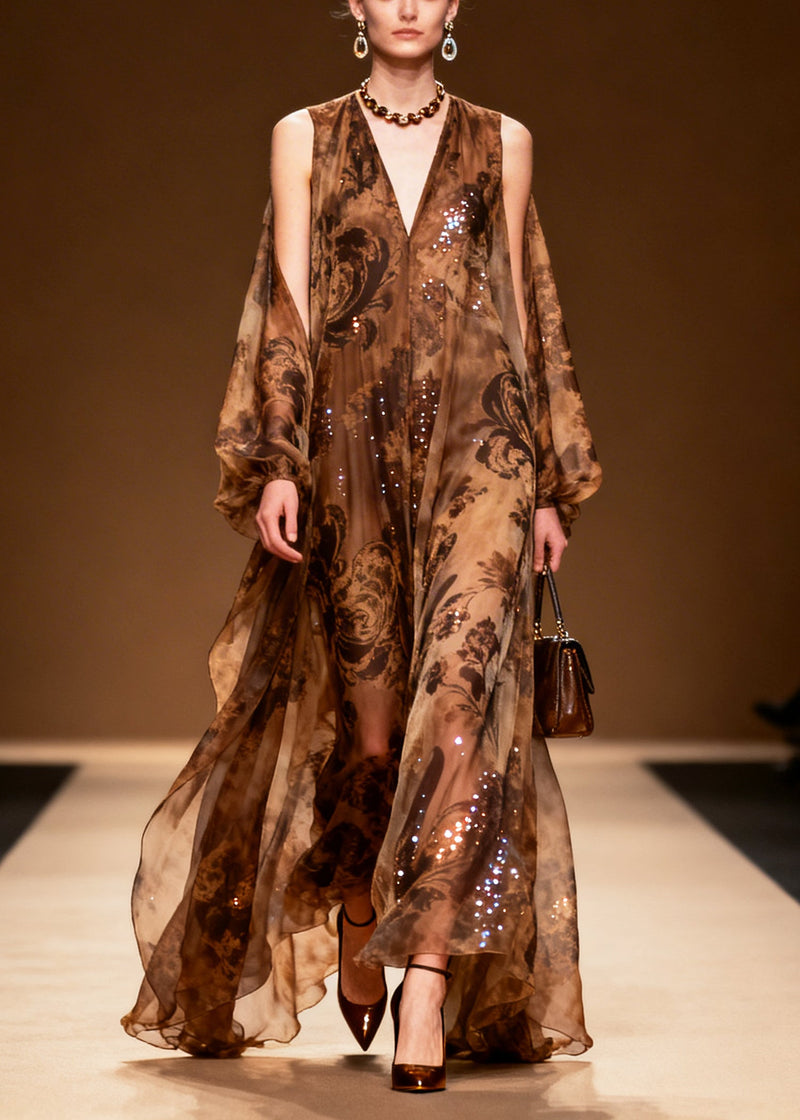 Coffee Print Sparkly Silk Vestidos Dresses Summer