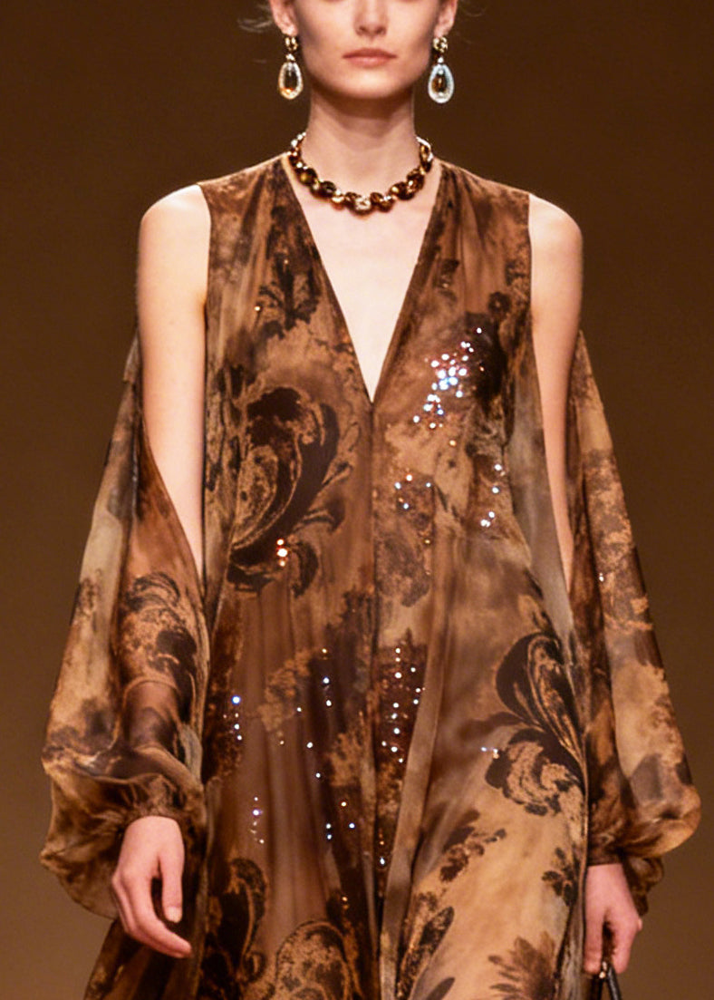 Coffee Print Sparkly Silk Vestidos Dresses Summer
