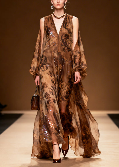 Coffee Print Sparkly Silk Vestidos Dresses Summer