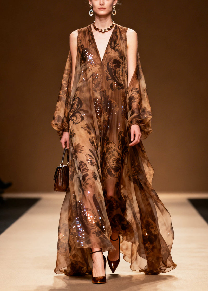Coffee Print Sparkly Silk Vestidos Dresses Summer