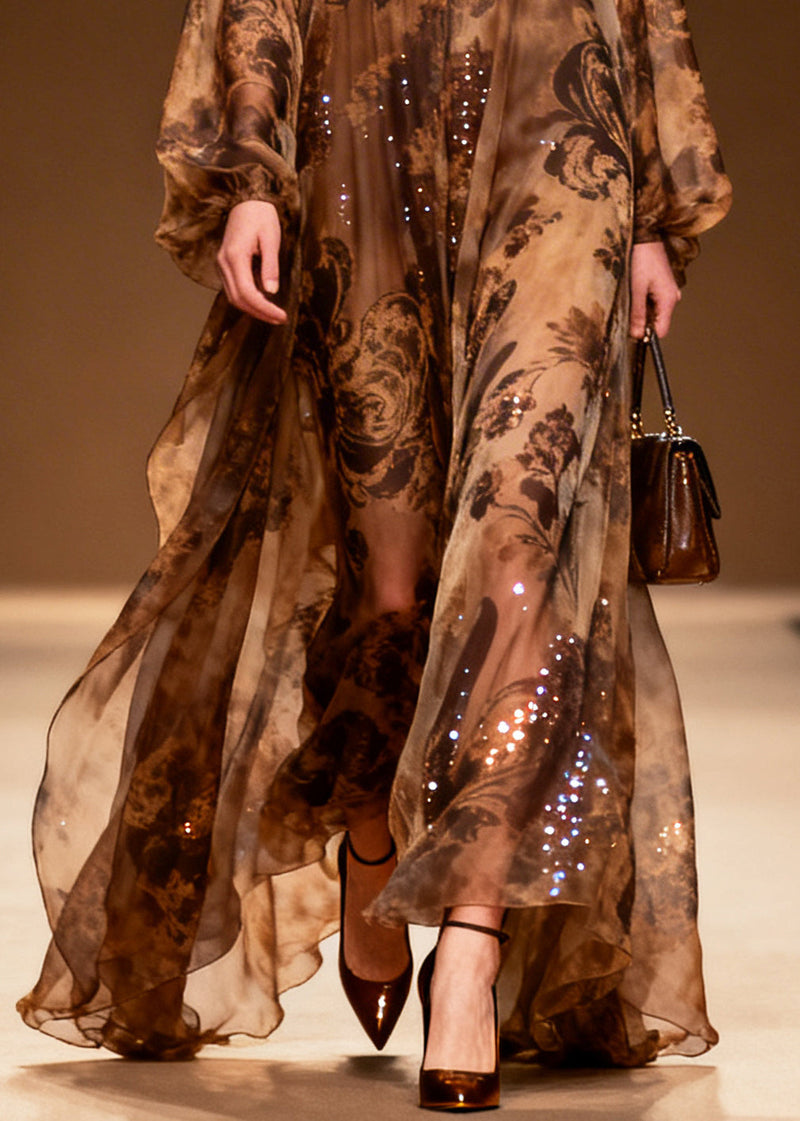 Coffee Print Sparkly Silk Vestidos Dresses Summer