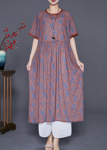 Coffee Ruffled Patchwork Print Silk Long Dresses Summer