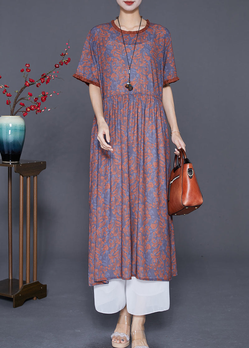 Coffee Ruffled Patchwork Print Silk Long Dresses Summer