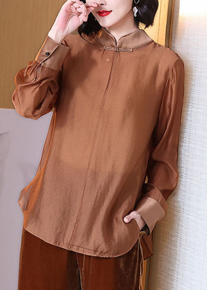 Coffee Stand Collar Button Cotton Shirt Spring