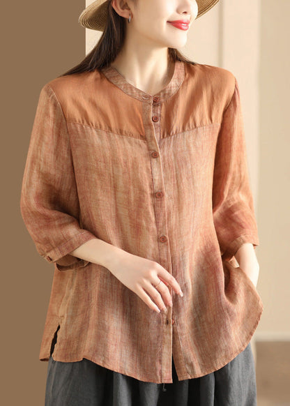 Coffee Stand Collar Button Patchwork Linen Shirts Summer