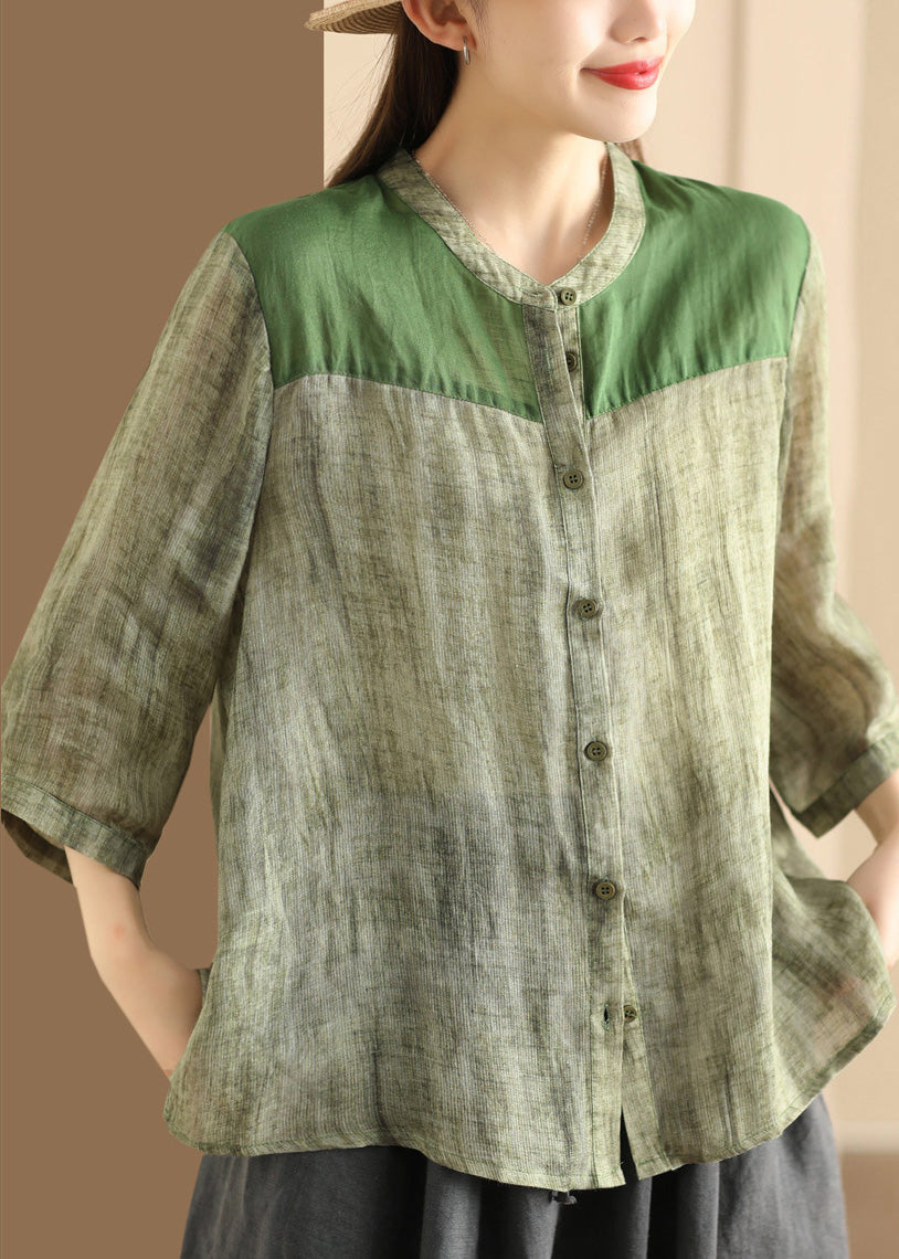 Coffee Stand Collar Button Patchwork Linen Shirts Summer
