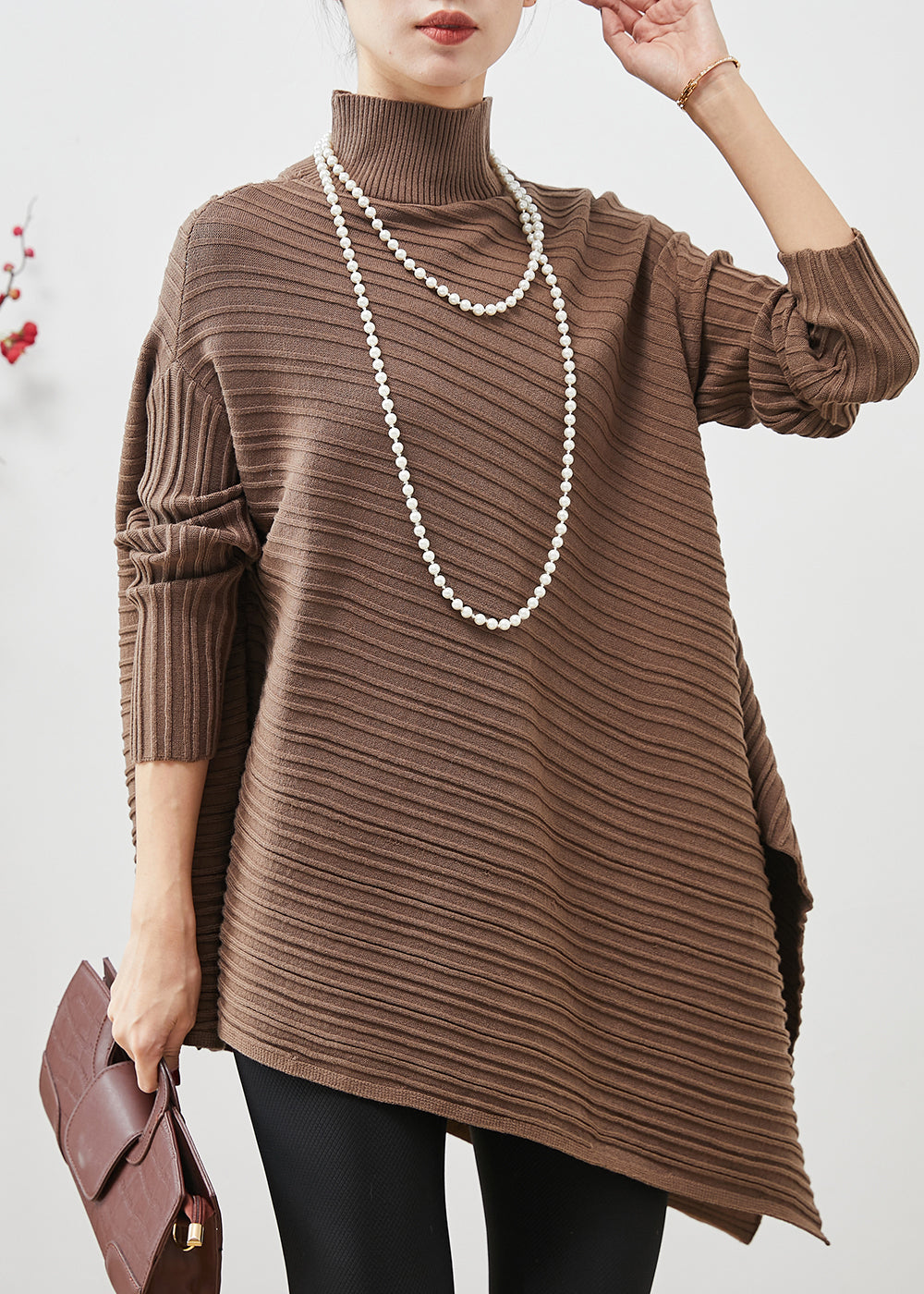 Coffee Turtle Neck Asymmetrical Design Knit Tops Spring
