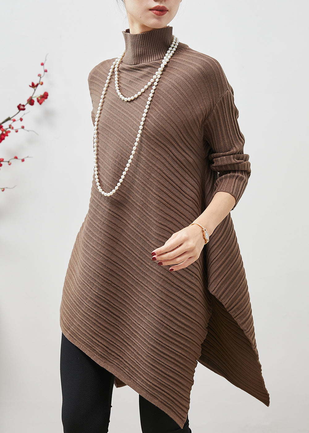 Coffee Turtle Neck Asymmetrical Design Knit Tops Spring