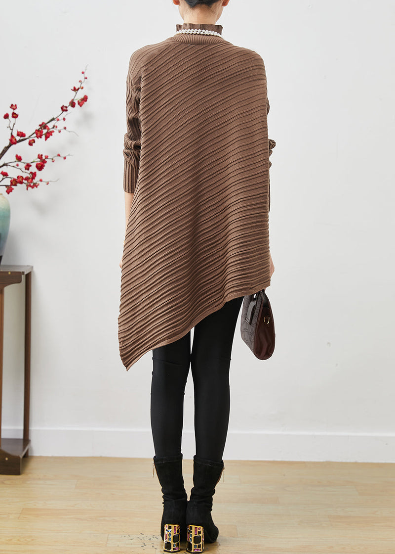 Coffee Turtle Neck Asymmetrical Design Knit Tops Spring