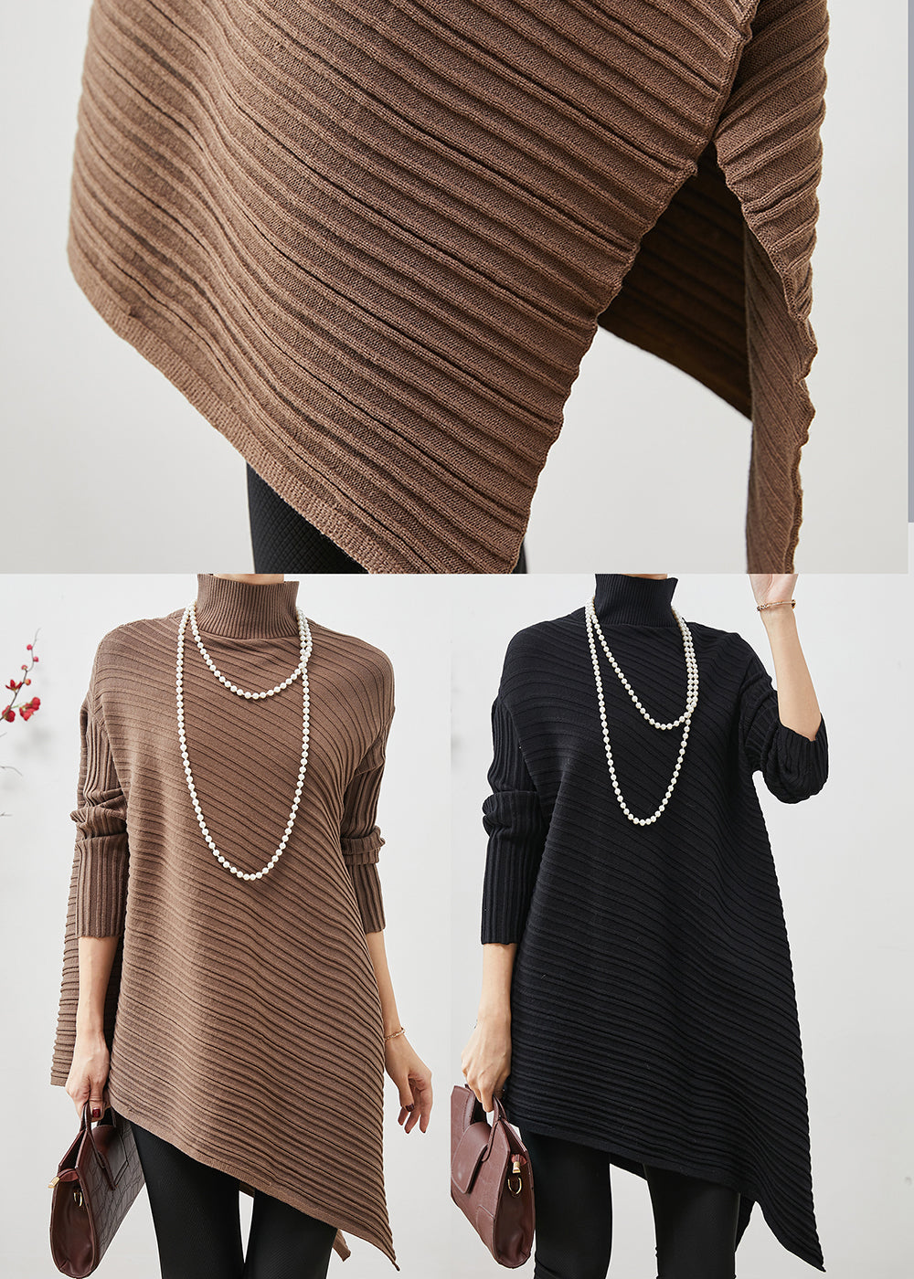 Coffee Turtle Neck Asymmetrical Design Knit Tops Spring