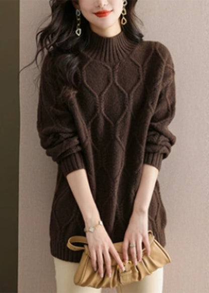 Coffee Turtleneck Cotton Knit Sweaters Spring