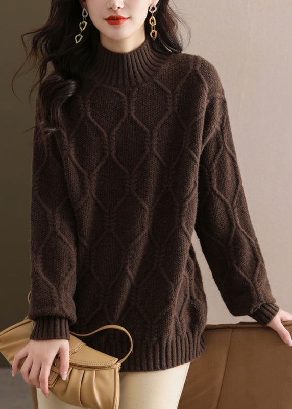 Coffee Turtleneck Cotton Knit Sweaters Spring