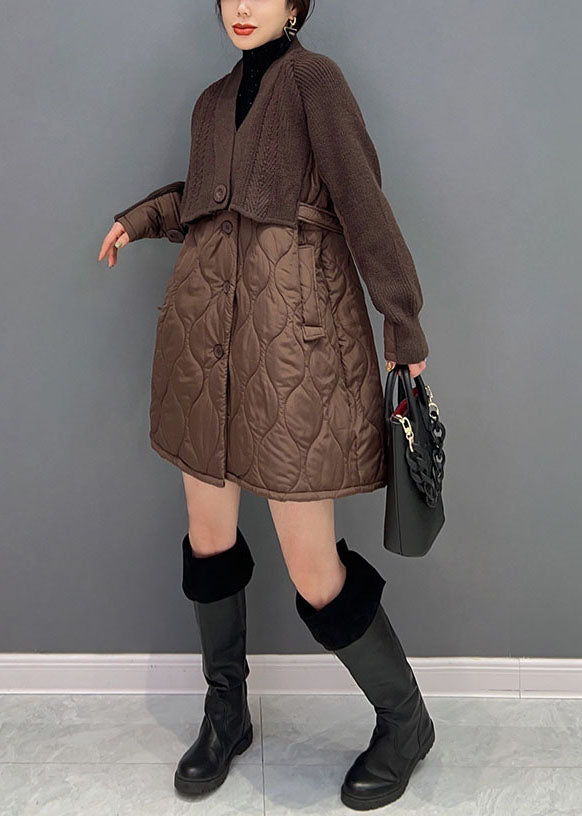 Chocolate V Neck Knit Patchwork Cotton Filled Coats Winter
