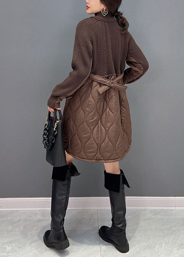 Chocolate V Neck Knit Patchwork Cotton Filled Coats Winter