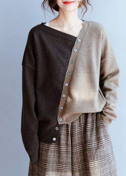 Chocolate V Neck Patchwork Knit Sweater Winter