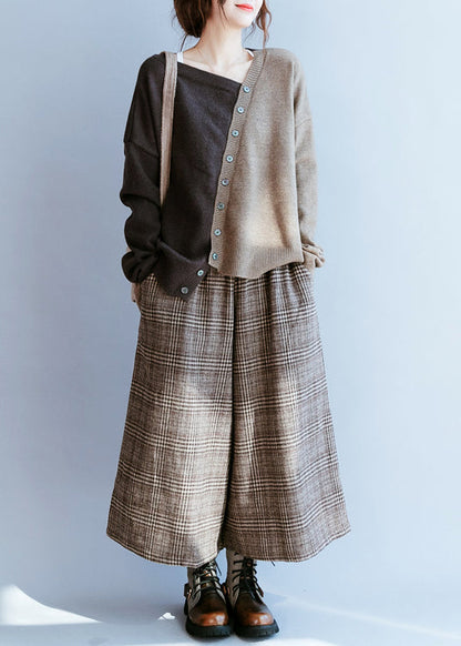 Chocolate V Neck Patchwork Knit Sweater Winter