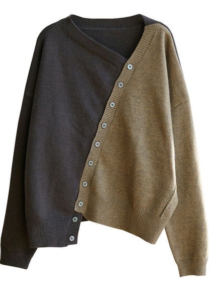 Chocolate V Neck Patchwork Knit Sweater Winter