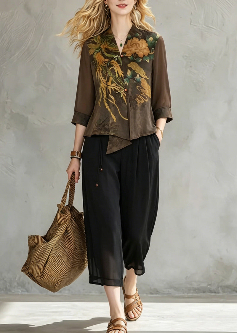 Coffee V Neck Print Chiffon Tops and Crop Pants Fall