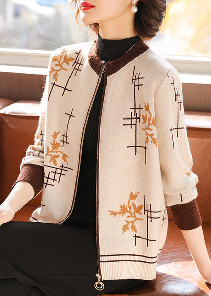 Coffee Zip Up Print Knit Coats Fall