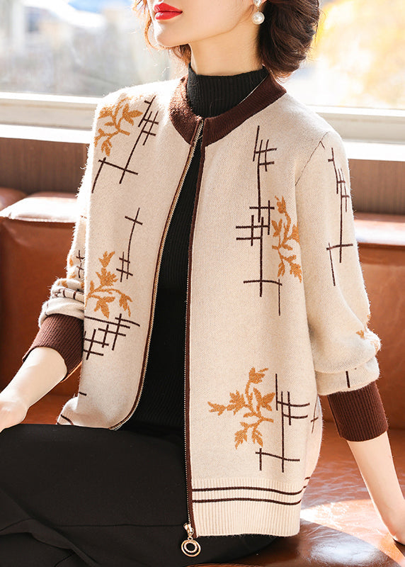 Coffee Zip Up Print Knit Coats Fall