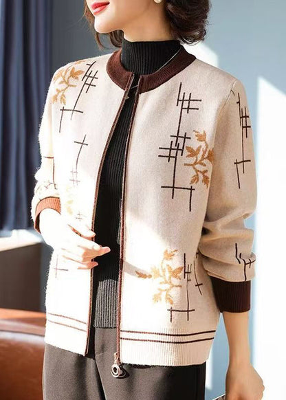 Coffee Zip Up Print Knit Coats Fall