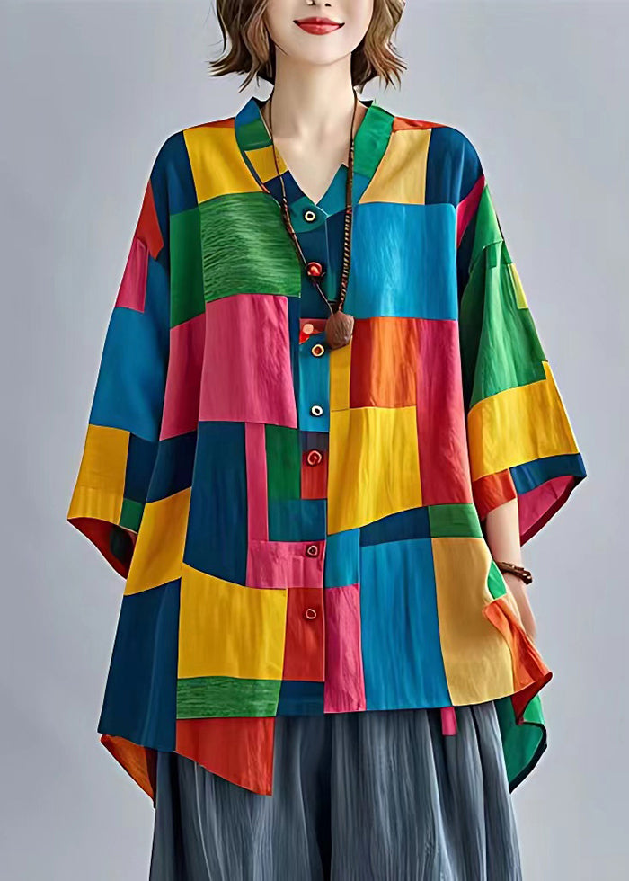 Colorblock Asymmetrical Applique Linen Blouses Bracelet Sleeve