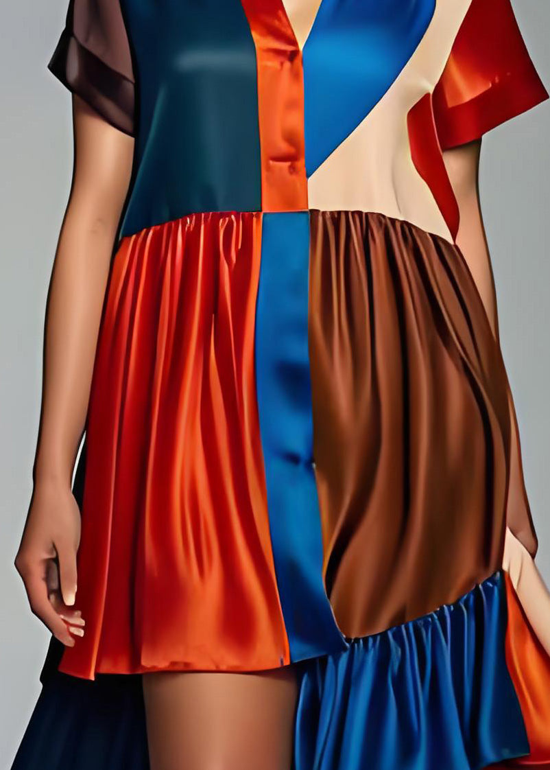 Colorblock Asymmetrical Patchwork Silk Dress Summer