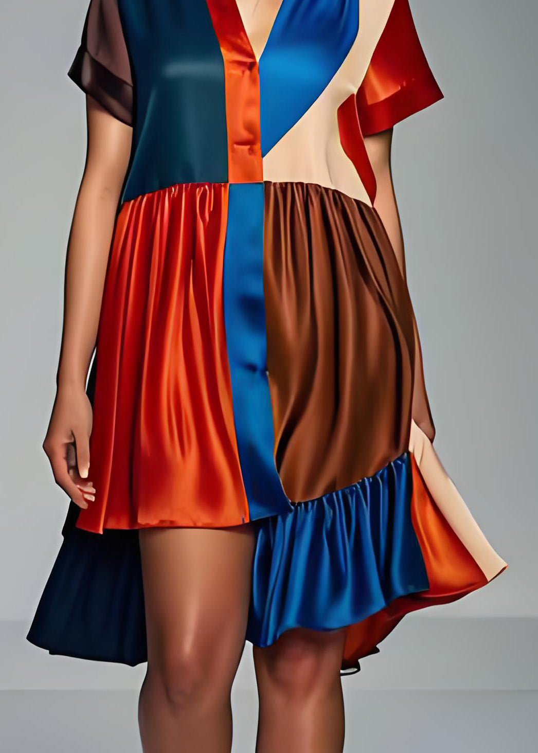 Colorblock Asymmetrical Patchwork Silk Dress Summer