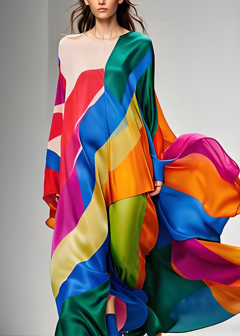 Colorblock Asymmetrical Patchwork Silk Maxi Dresses Long Sleeve