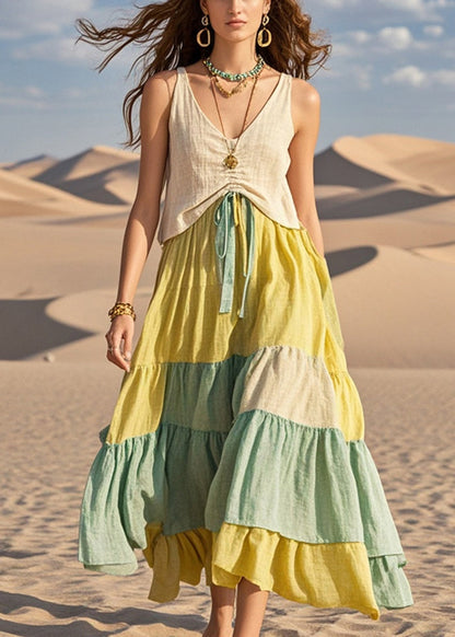 Colorblock Cinched Patchwork Cotton Dresses Summer