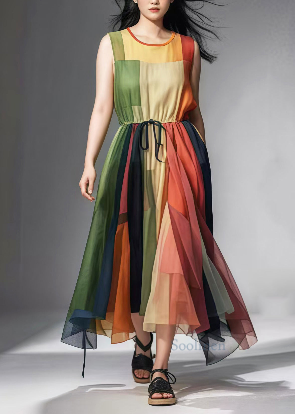 Colorblock Cinched Patchwork Tulle Sundress Sleeveless