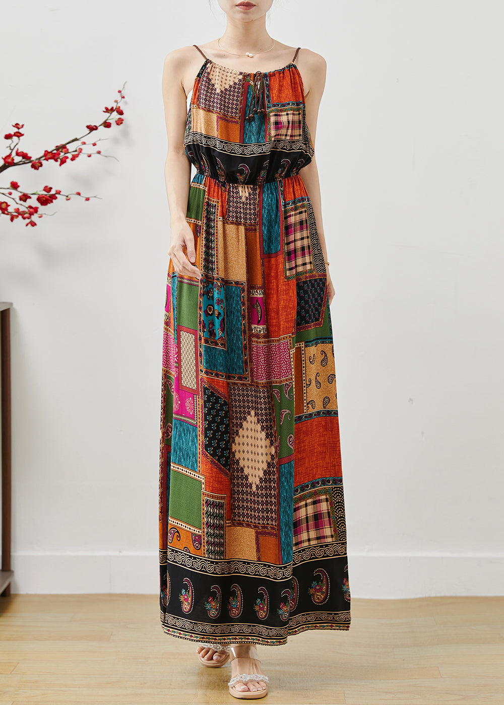 Colorblock Cinched Print Cotton Spaghetti Strap Dress Dress Summer