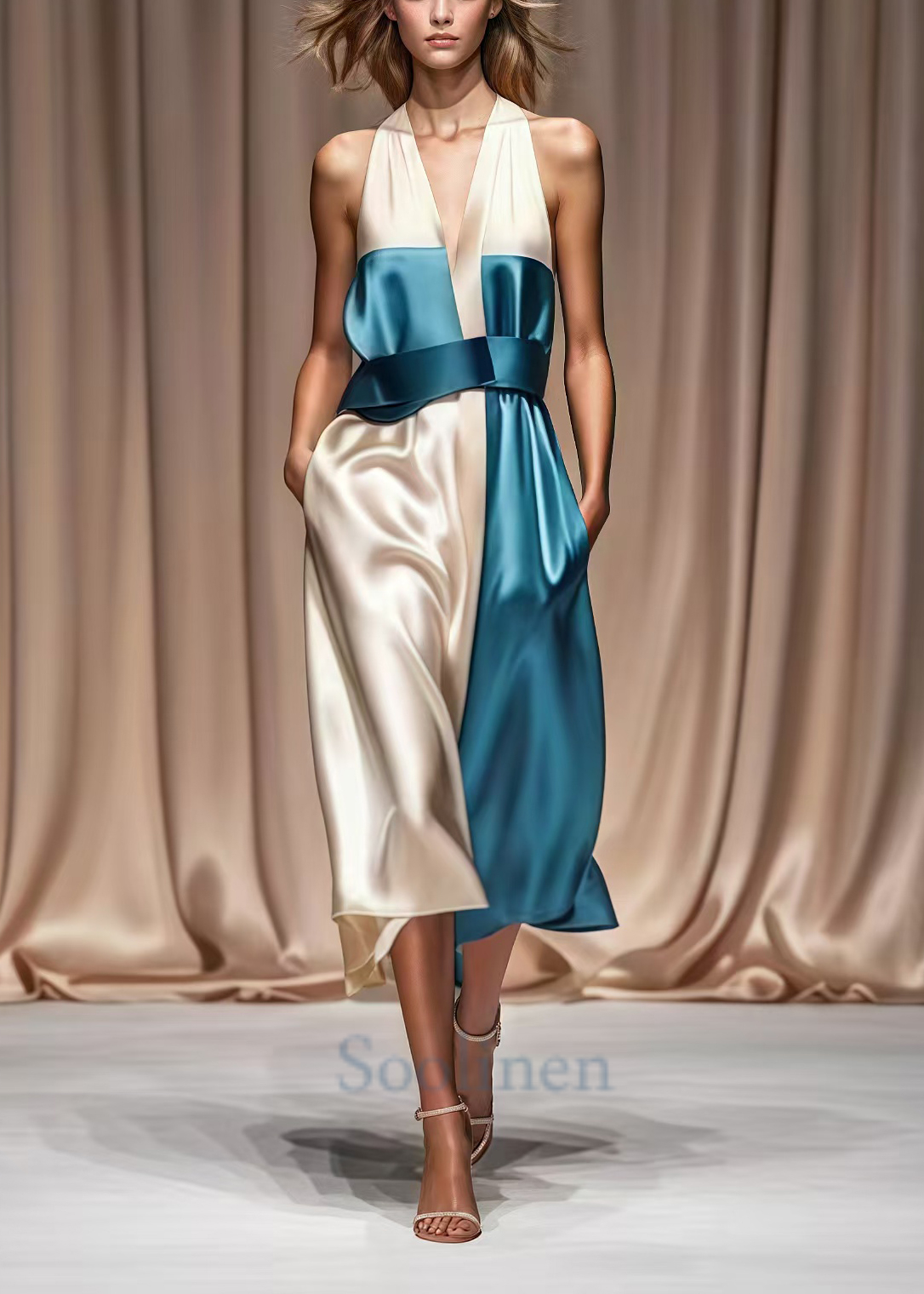 Colorblock Cold Shoulder Patchwork Silk Halter Dresses Summer