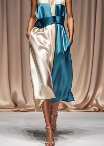 Colorblock Cold Shoulder Patchwork Silk Halter Dresses Summer