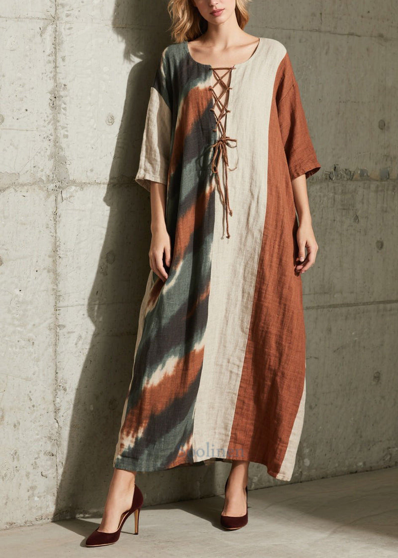Colorblock Cross Strap Patchwork Cotton Dress Half Sleeve