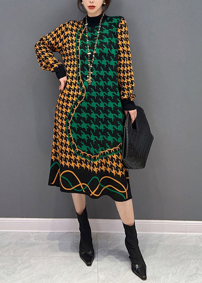 Colorblock Hign Neck Original Design Plaid Long Knit Dress Winter