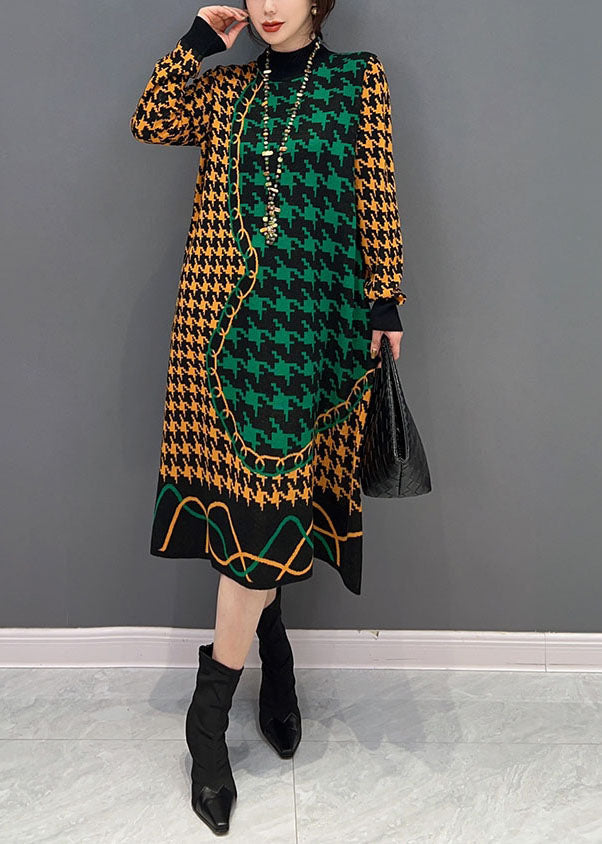 Colorblock Hign Neck Original Design Plaid Long Knit Dress Winter