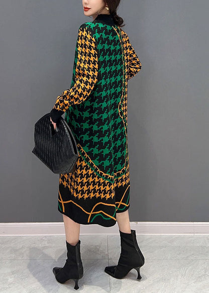 Colorblock Hign Neck Original Design Plaid Long Knit Dress Winter