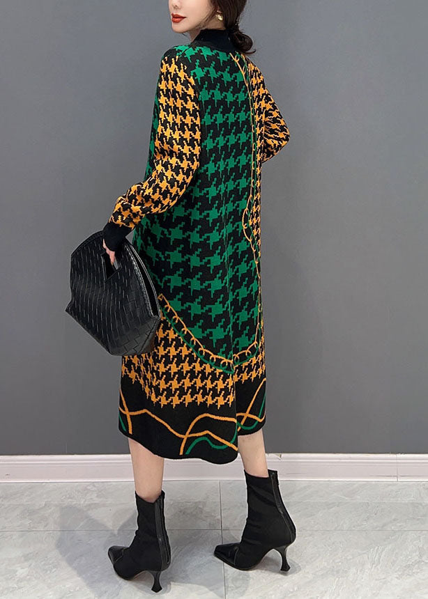 Colorblock Hign Neck Original Design Plaid Long Knit Dress Winter